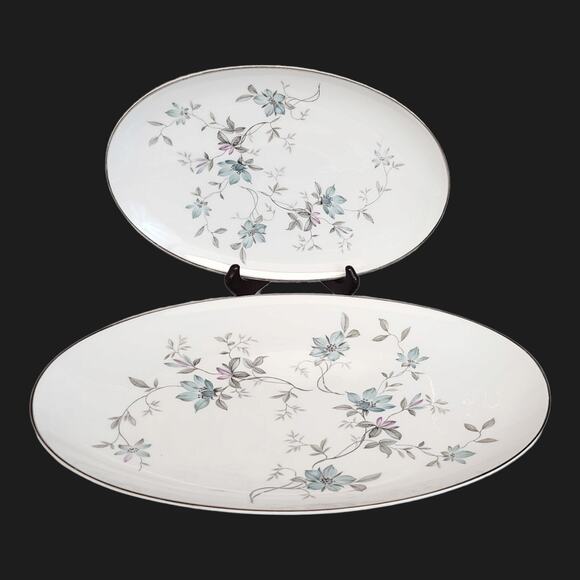 2PC Noritake LORENE 16" & 12" Oval Platter 5764 Blue Gray Floral Silver Trim - Picture 1 of 8